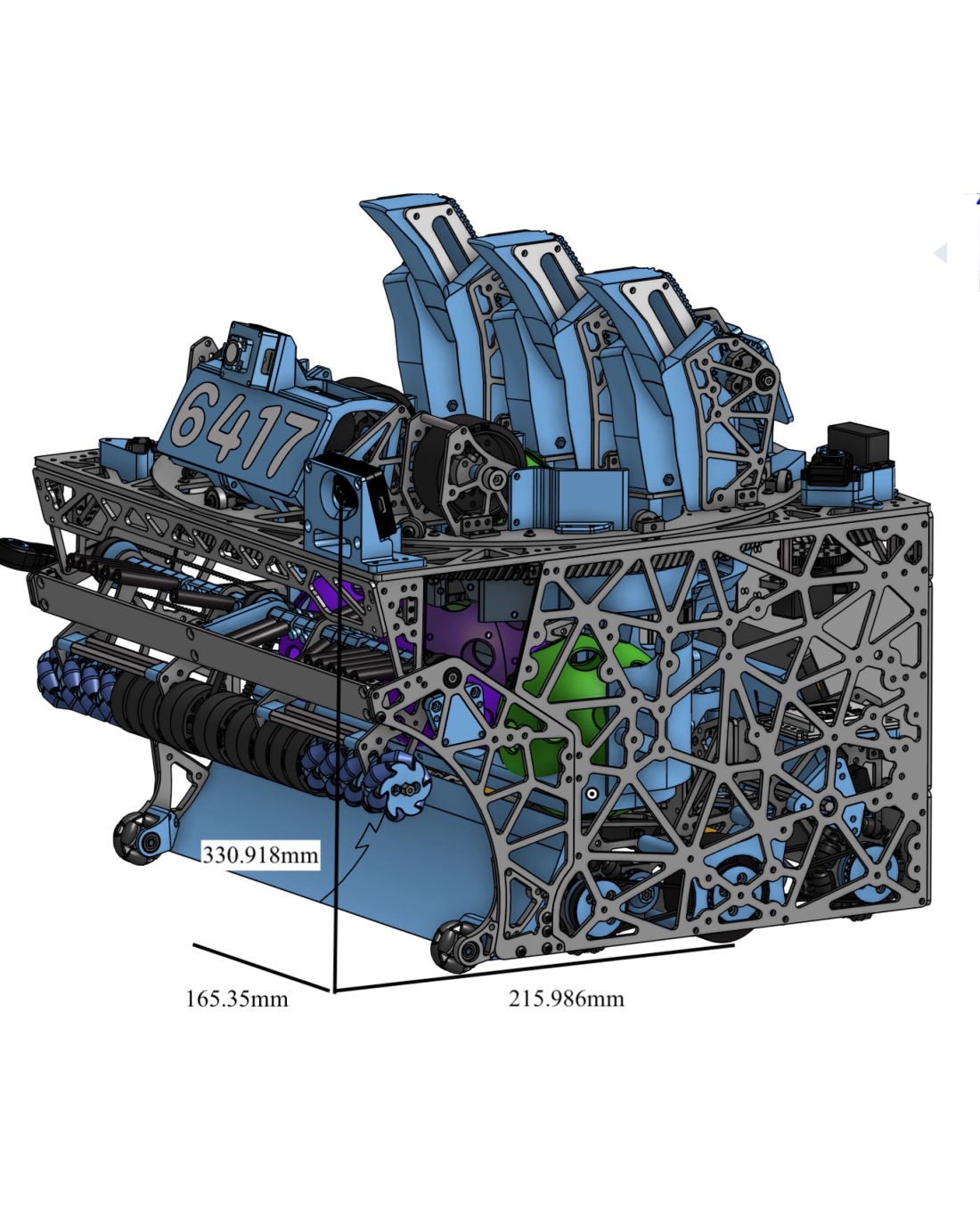 Dimensioned CAD assembly of the chassis, intake and turret